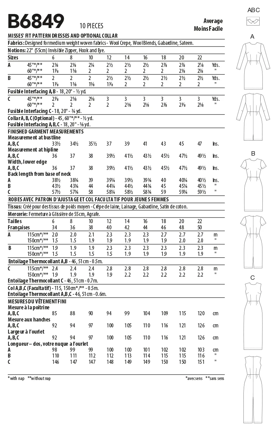 Butterick Pattern B6849 Misses' Fit Pattern Dresses & Optional Collar