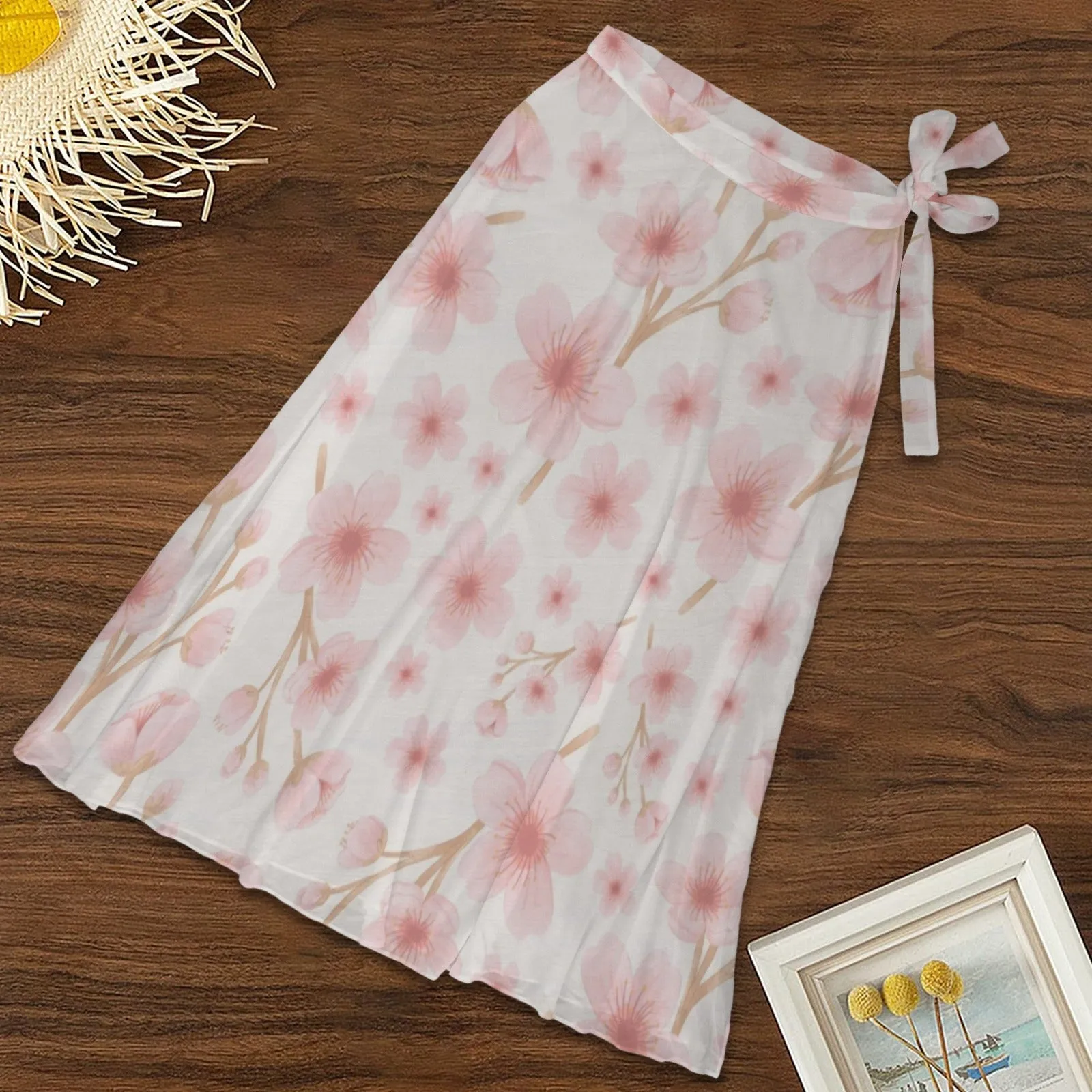 Japanese Pink Flowers White Semi Sheer Coverup up to 5 XL