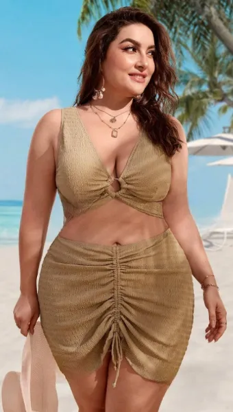 Plus Size Ring Linked Bikini Set With Beach Skirt Brown
