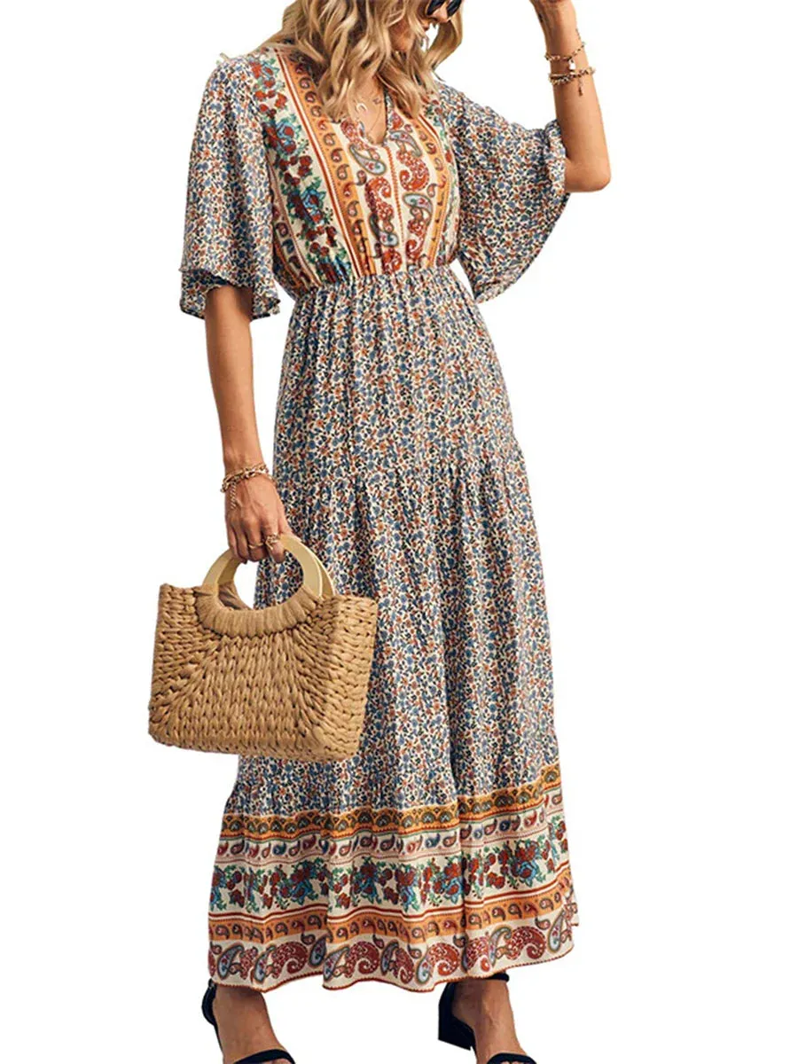 Summer Slip Dress Abstract Print V-Neck Sleeveless Tie-up Slim Long Elegant Slim Fitted Fashion Casual Women Dress