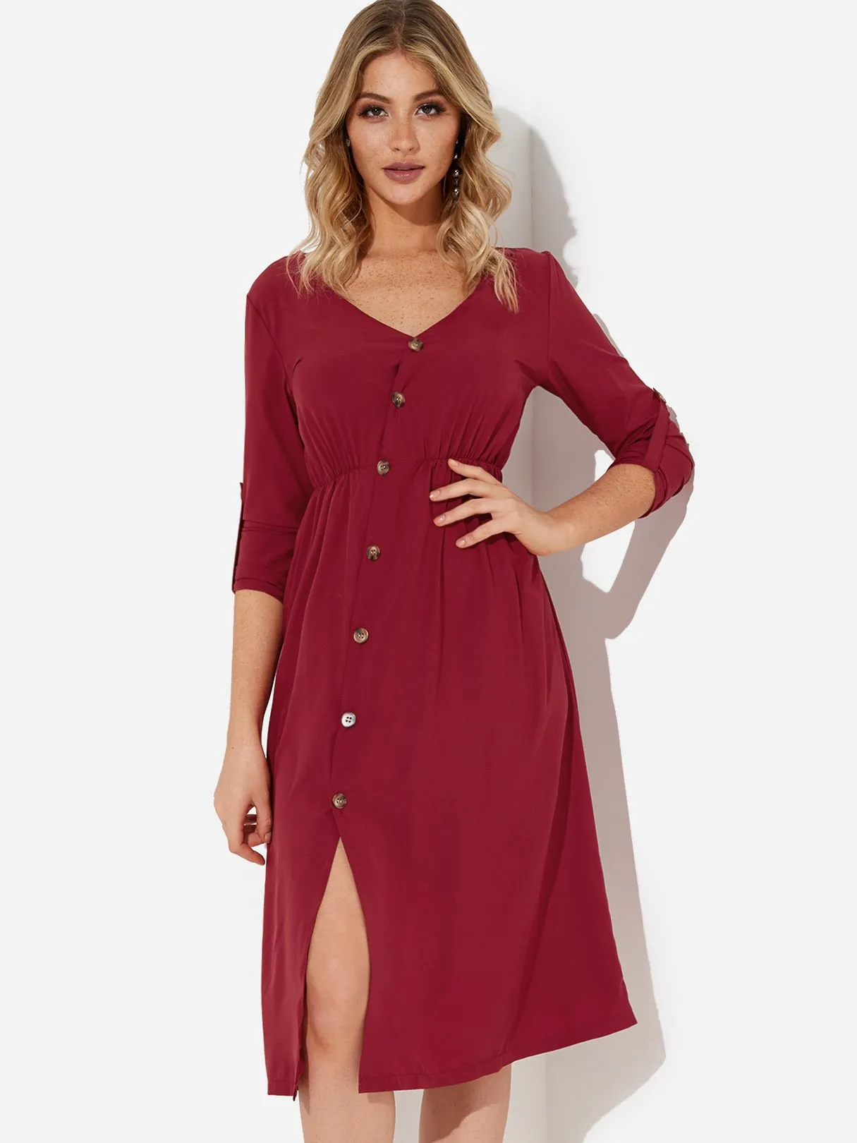 Wholesale Burgundy V-Neck Long Sleeve Slit Dresses