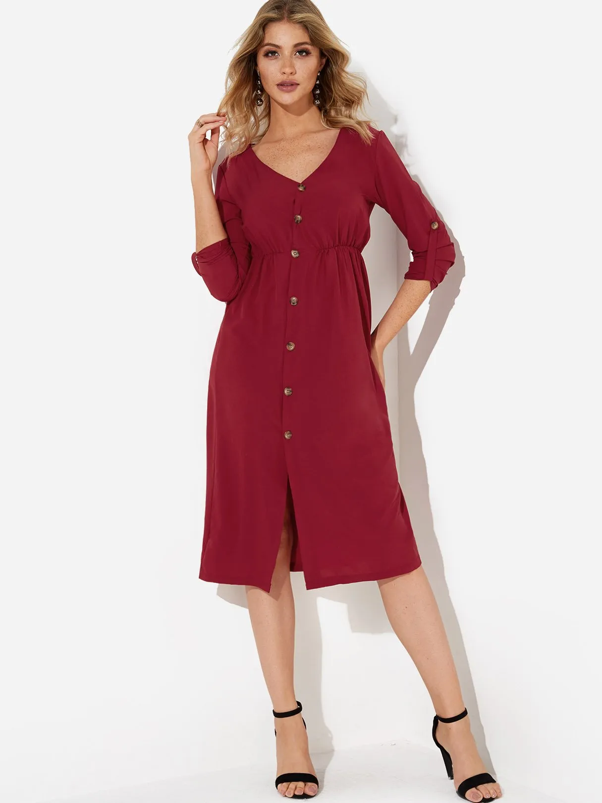 Wholesale Burgundy V-Neck Long Sleeve Slit Dresses