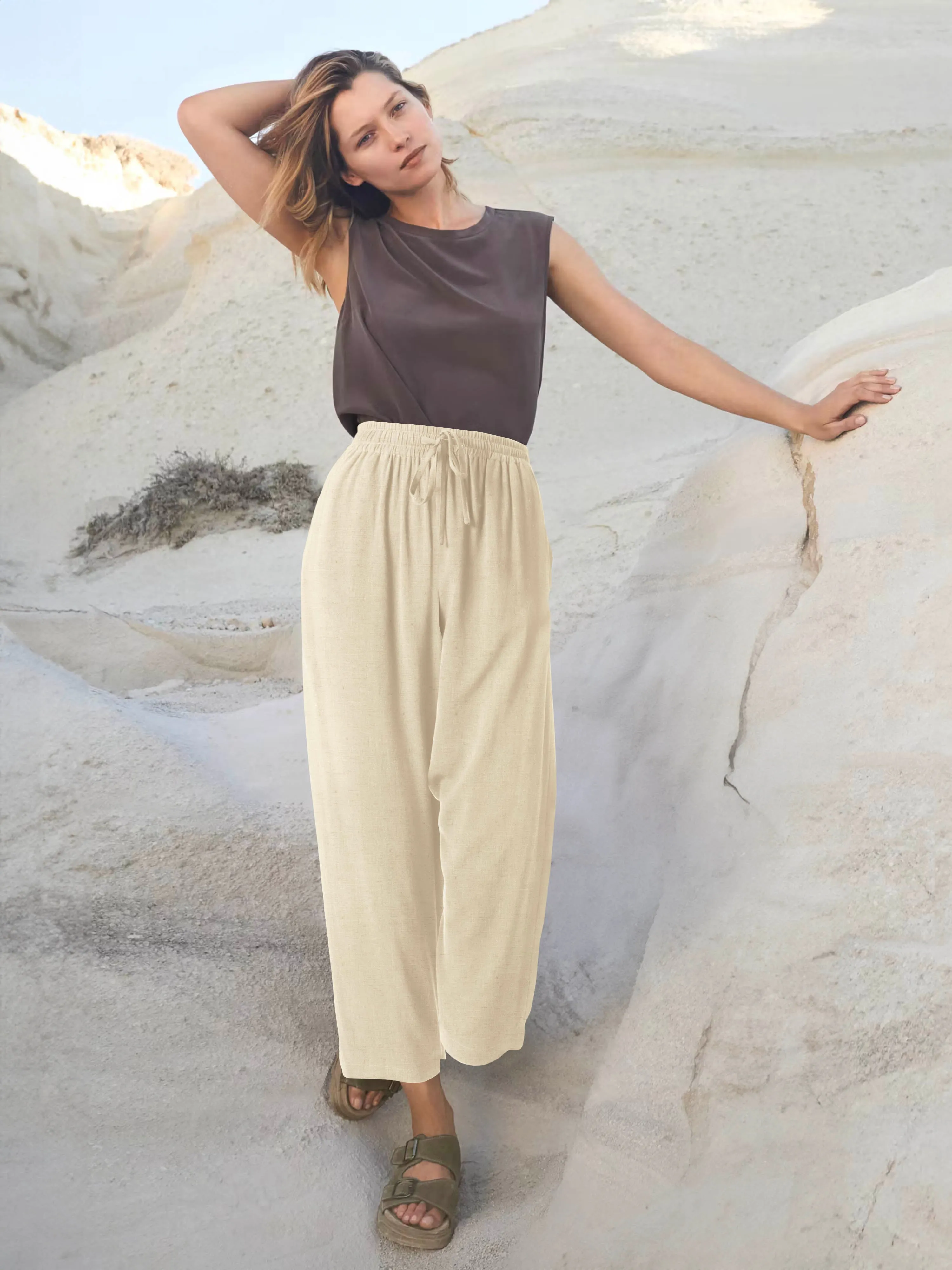Womens Premium Capri Linen Pants Relaxed Fit Elastic Waist Cropped Trousers with Pockets
