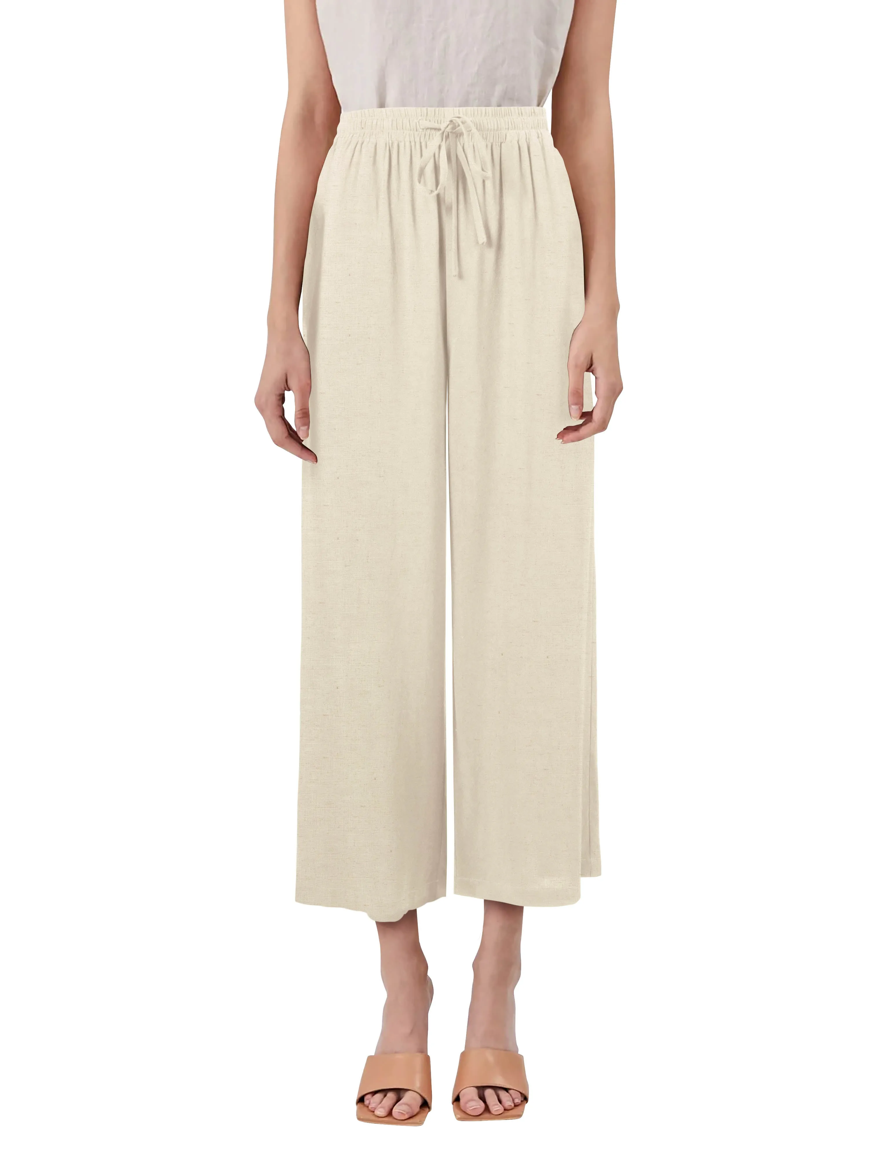 Womens Premium Capri Linen Pants Relaxed Fit Elastic Waist Cropped Trousers with Pockets