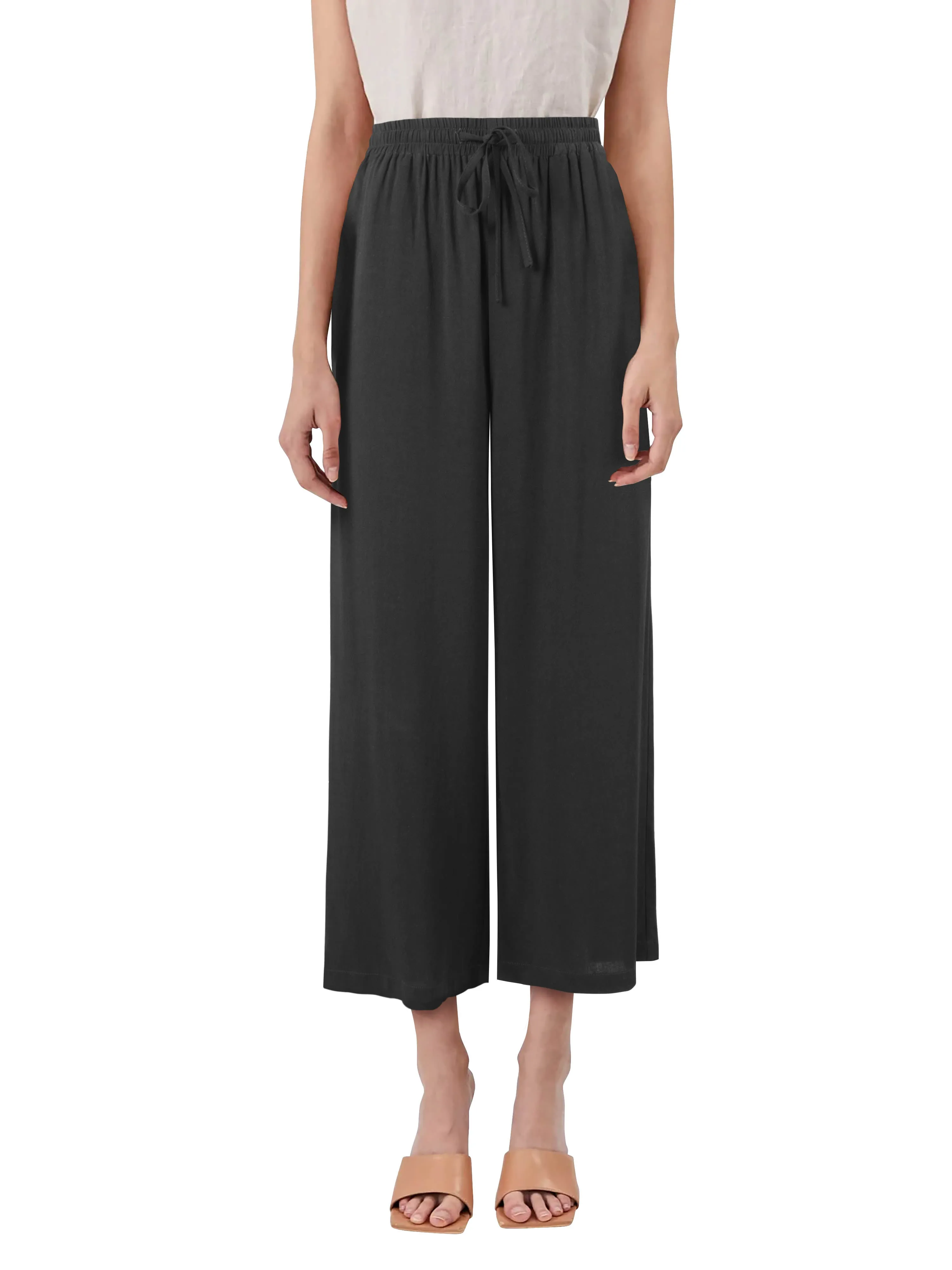 Womens Premium Capri Linen Pants Relaxed Fit Elastic Waist Cropped Trousers with Pockets