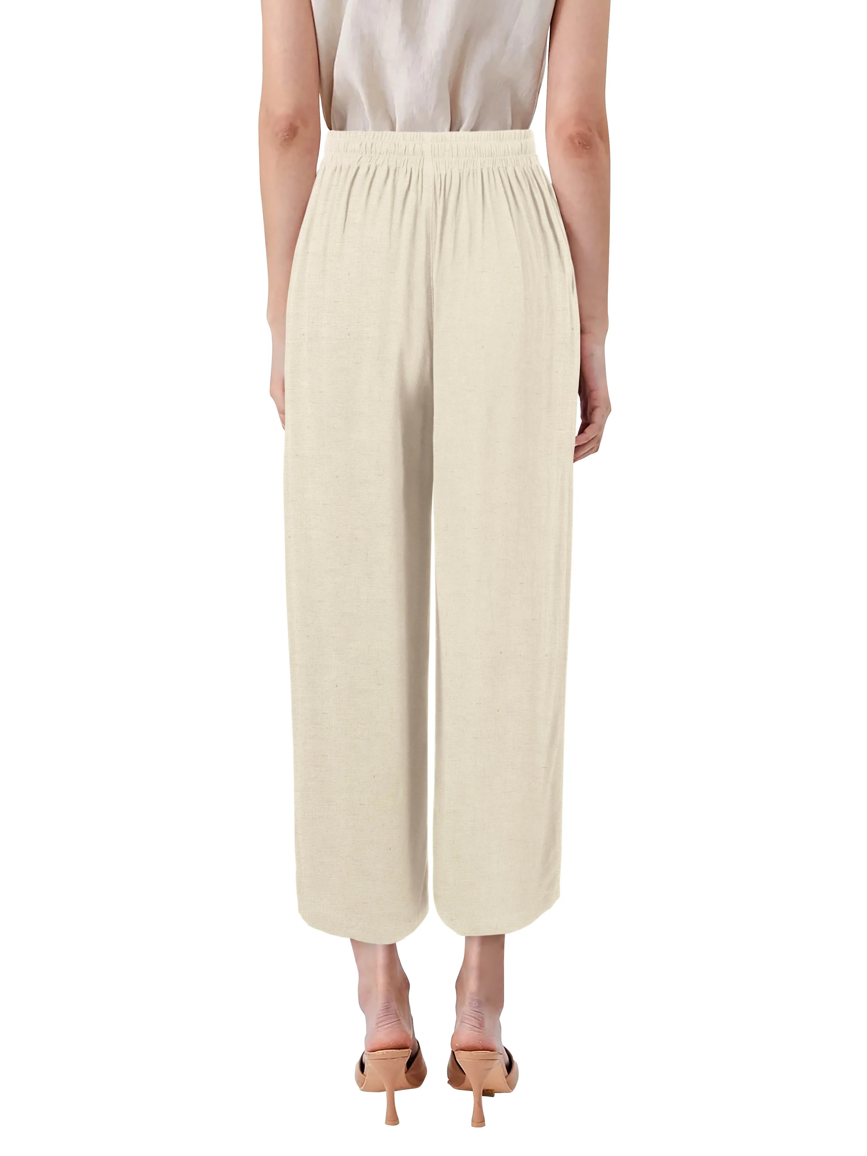 Womens Premium Capri Linen Pants Relaxed Fit Elastic Waist Cropped Trousers with Pockets