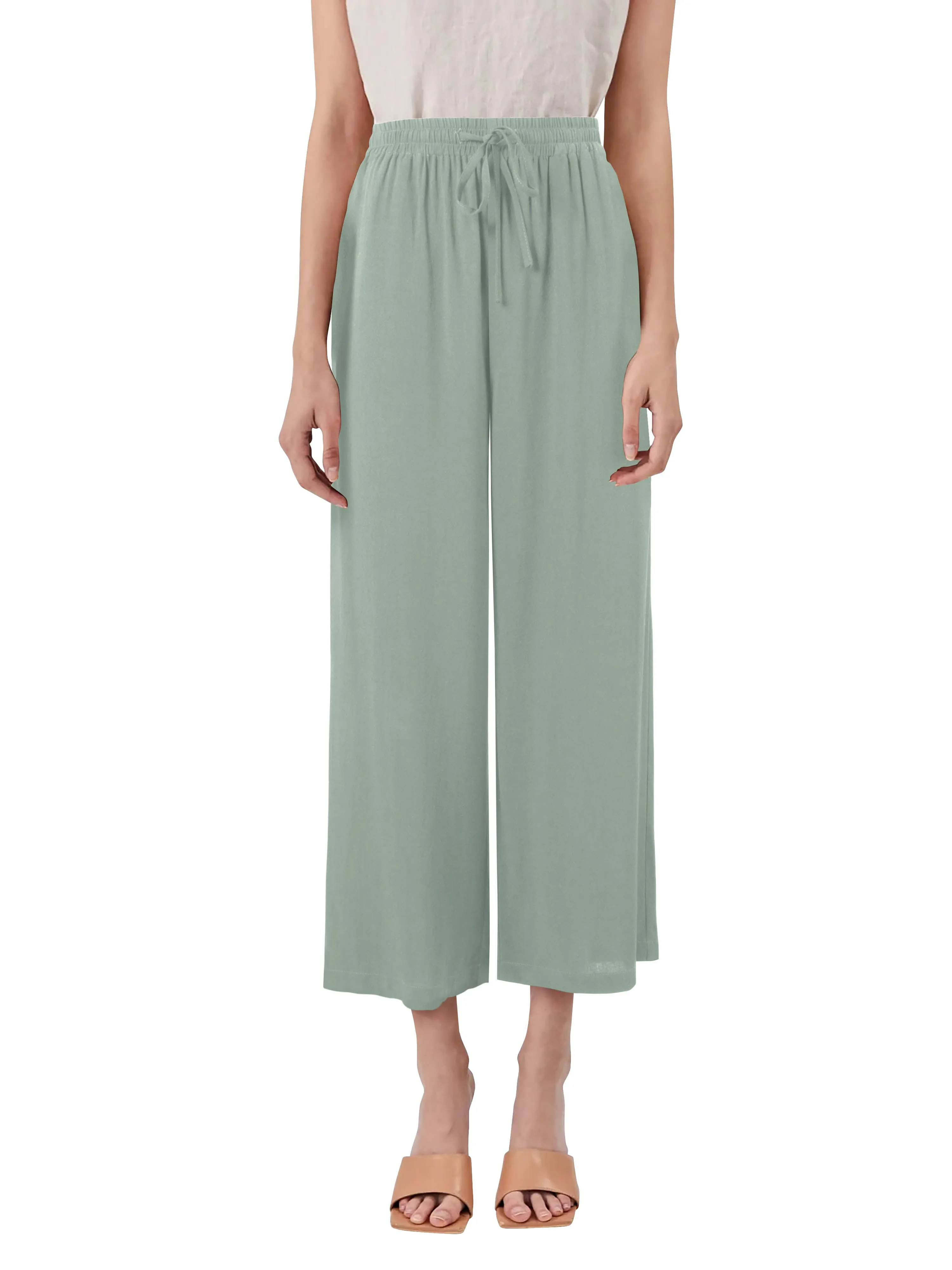 Womens Premium Capri Linen Pants Relaxed Fit Elastic Waist Cropped Trousers with Pockets